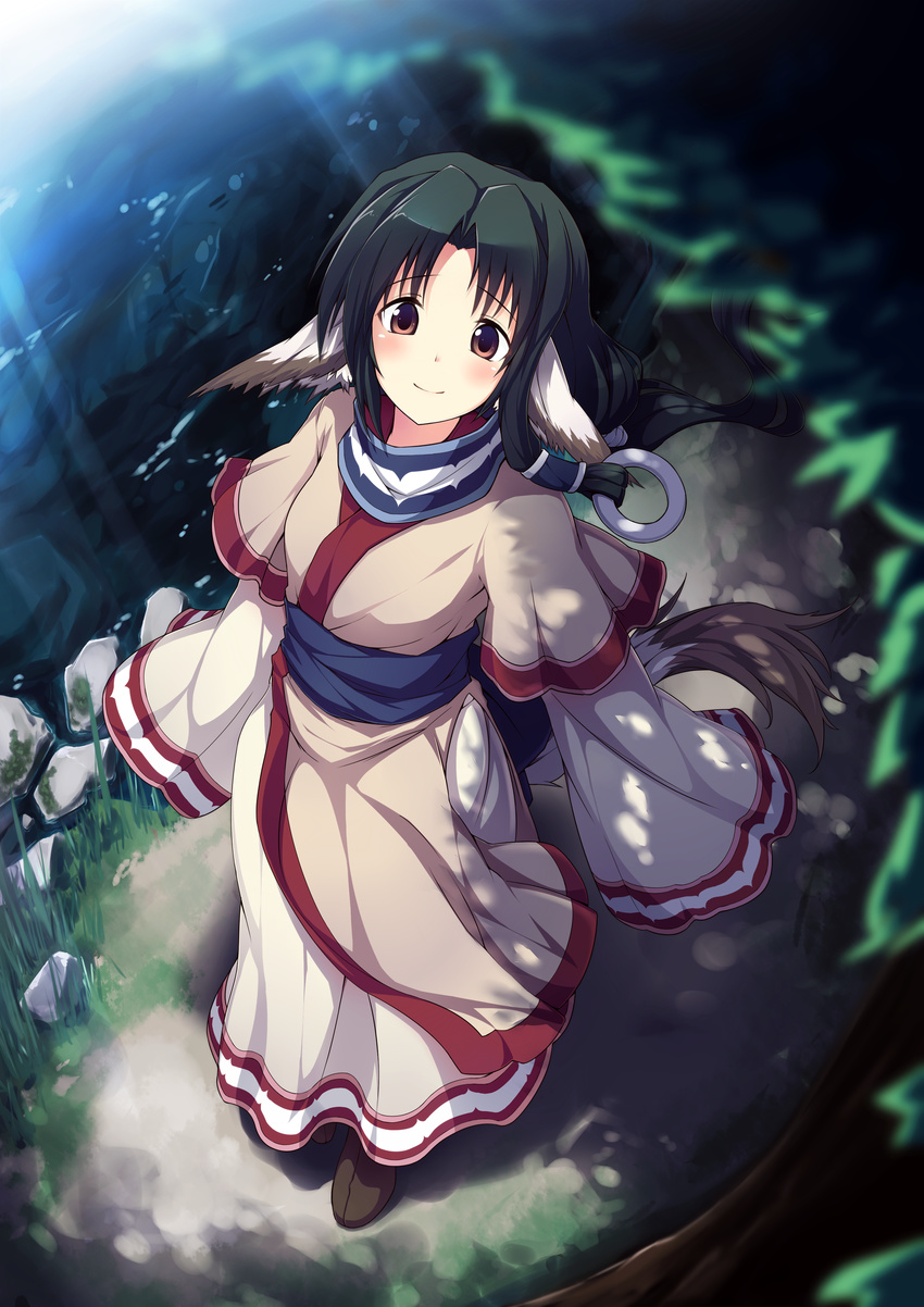 ainu_clothes animal_ears blush breasts brown_hair deviantart_sample dog_ears eruruw full_body green_hair highres image_sample japanese_clothes long_hair looking_at_viewer looking_up small_breasts smile solo standing tail ugume utawareru_mono water