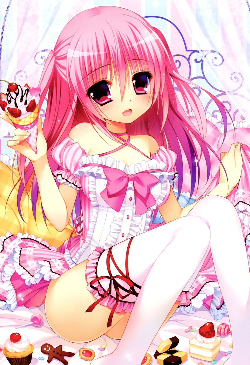 :d absurdres blush breasts cake candy cherry cookie criss-cross_halter cupcake detached_sleeves dress food fruit gingerbread_man halterneck head_tilt highres ice_cream ice_cream_cone kanadome_miyako lollipop medium_breasts muffin nanaka_mai open_mouth pillow pink_eyes pink_hair pure_girl sitting smile sweets thighhighs thighs white_legwear