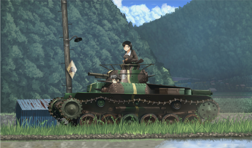 99_(hosinosensei) black_hair caterpillar_tracks chi-hatan_(emblem) chi-hatan_military_uniform cloud commentary day driving emblem girls_und_panzer goggles goggles_on_head ground_vehicle helmet hill lamp long_hair military military_uniform military_vehicle motor_vehicle multiple_girls nishi_kinuyo outdoors path rice_paddy road road_sign scenery shed sign sky smile tank telephone_pole tree type_97_chi-ha uniform water