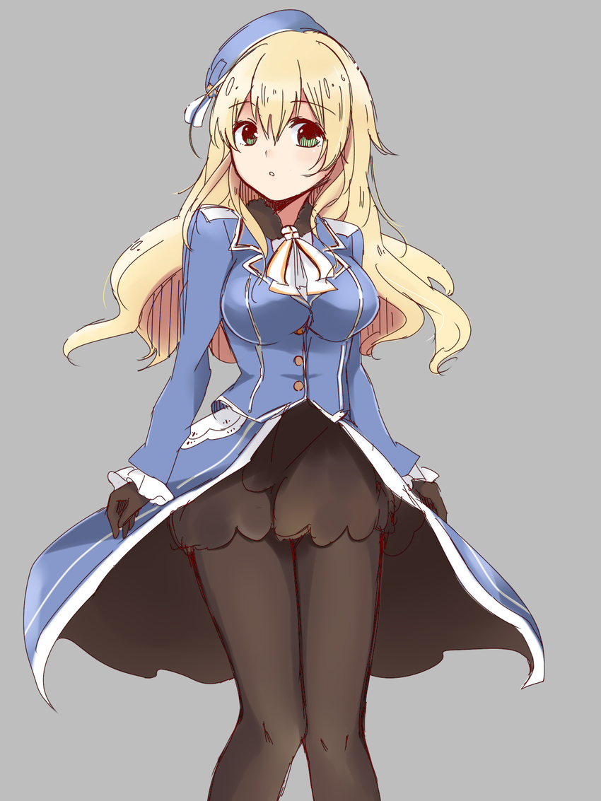 :o atago_(kantai_collection) beret black_gloves blonde_hair breasts brown_legwear feet_out_of_frame gloves green_eyes grey_background hat highres kantai_collection knees_together_feet_apart large_breasts long_hair long_sleeves looking_at_viewer military military_uniform pantyhose richard_(ri39p) simple_background sketch solo uniform