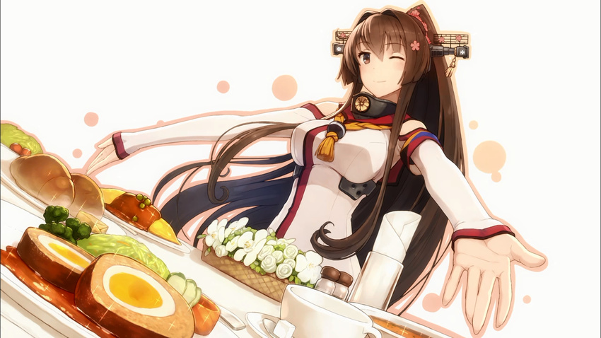 ;) bare_shoulders bread breasts brown_eyes brown_hair cherry_blossoms eyecatch flower food hair_flower hair_intakes hair_ornament headgear kantai_collection large_breasts long_hair long_sleeves napkin non-web_source omelet one_eye_closed outstretched_arms peas plate ponytail salt_shaker screencap shizuma_yoshinori sleeves_past_wrists smile solo sparkle table very_long_hair yamato_(kantai_collection)