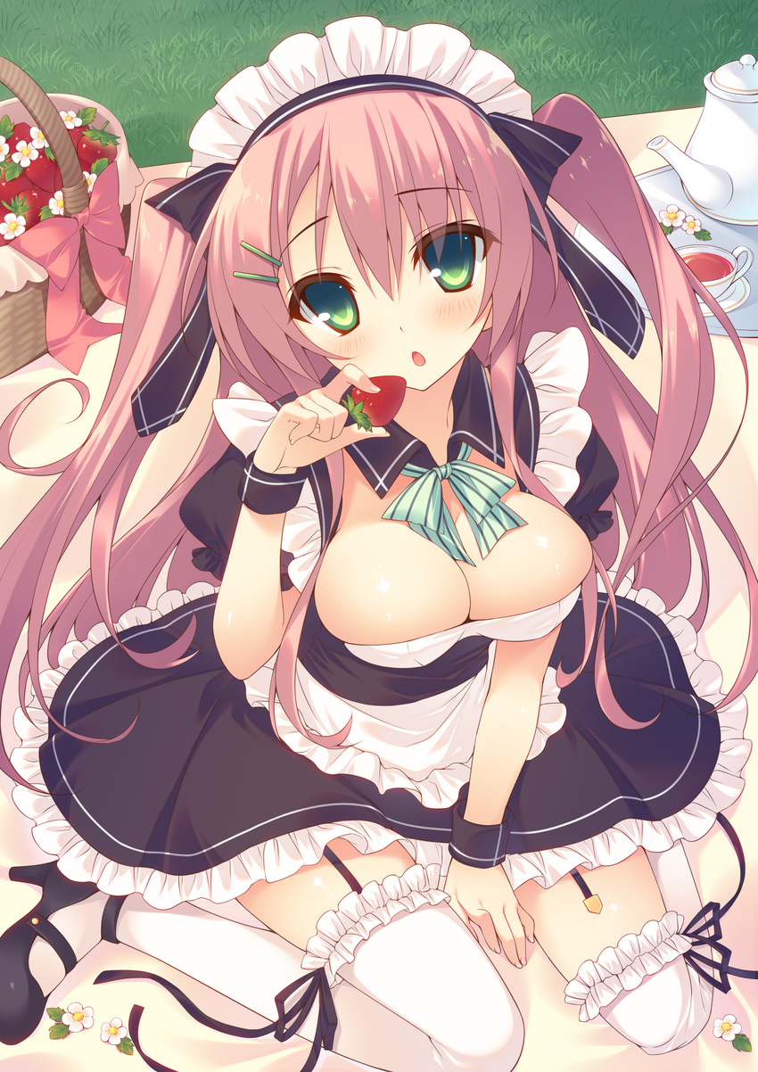 :o apron basket blush bow bowtie breasts bursting_breasts cleavage detached_sleeves food frilled_legwear fruit garter_straps garters grass green_bow green_eyes green_neckwear highres large_breasts liquid looking_at_viewer maid maid_headdress miko_92 moe2015 original parted_lips pink_hair saucer sitting strawberry tea teapot thighhighs tray twintails waist_apron wariza white_legwear zettai_ryouiki