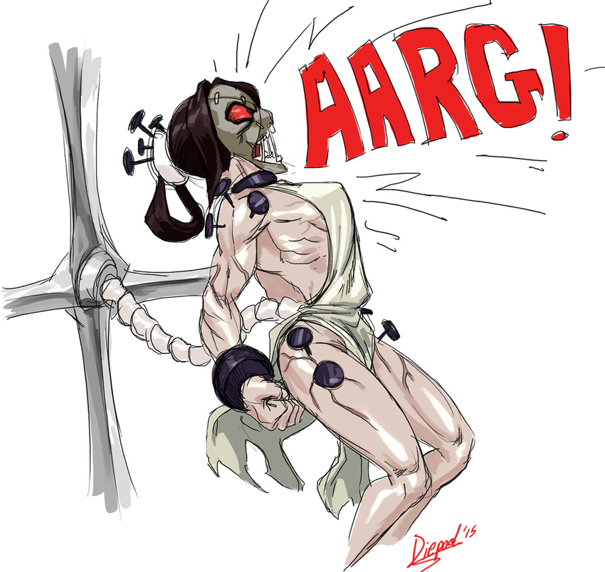 breasts brown_hair bun_cover clenched_hands diepod hair_rings hospital_gown huge_weapon mask nail no_panties open_mouth painwheel_(skullgirls) red_eyes ribs screaming skullgirls small_breasts solo veins weapon