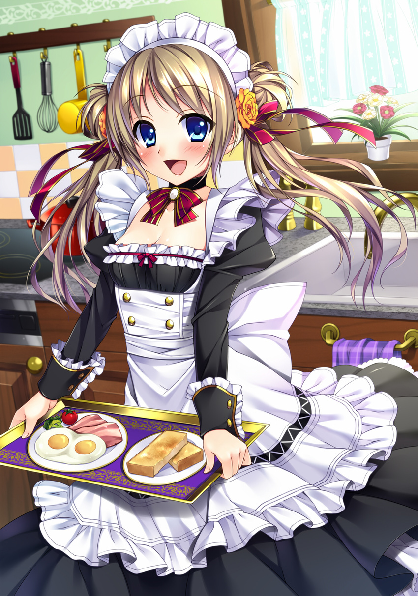:d apron bacon black_dress blue_eyes blush bow bowtie bread breasts broccoli brooch brown_hair bucchake_(asami) choker cleavage collarbone curtains dress flower flower_pot food fried_egg hair_ornament hair_ribbon highres indoors jewelry kitchen long_sleeves maid maid_apron maid_headdress moe2015 open_mouth original plant pot potted_plant red_bow red_neckwear ribbon rose sink small_breasts smile solo stove sunny_side_up_egg toast tomato towel tray twintails vegetable washbowl whisk windowsill