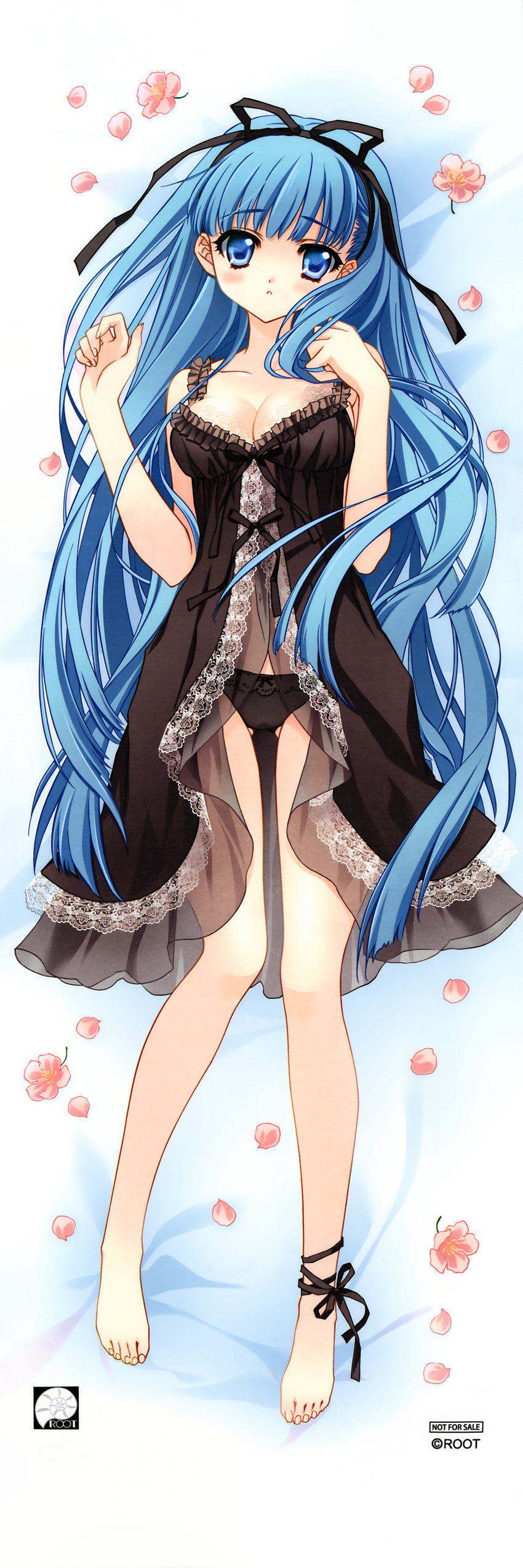 absurdres ankle_ribbon babydoll barefoot black_panties blue_eyes blue_hair blush breasts carnelian cleavage copyright_name dakimakura feet flower hair_ribbon highres huge_filesize lace lingerie long_hair looking_at_viewer medium_breasts negligee panties para-sol ribbon see-through solo underwear very_long_hair yatabe_noa