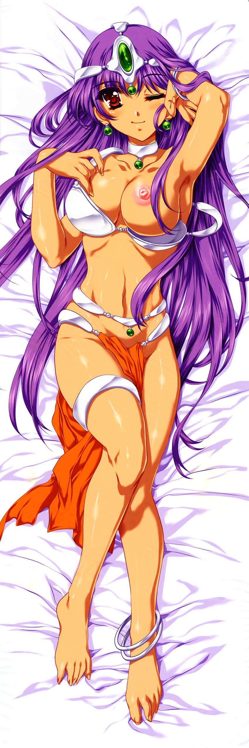 ;) absurdres adjusting_hair anklet armpits bare_legs bra breast_slip breasts choker dakimakura diadem dragon_quest dragon_quest_iv earrings highres huge_filesize jewelry large_breasts long_hair manya nipples one_breast_out one_eye_closed pelvic_curtain purple_hair red_eyes shiny shiny_skin smile solo tabard tiara toes underwear very_long_hair white_bra