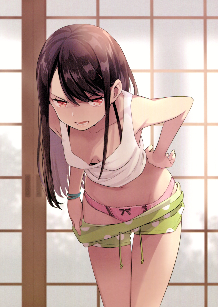 1girl absurdres bent_over black_bra black_hair bow bow_panties bra bra_peek breasts cowboy_shot crop_top glaring hand_on_hip highres indoors kuroda_bb long_hair looking_at_viewer navel open_mouth original panties pants_pull pink_panties scan short_shorts shorts sidelocks small_breasts solo tank_top thigh_gap underwear undressing wristband