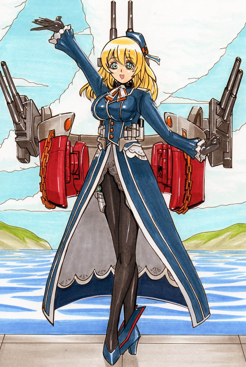 absurdres atago_(kantai_collection) bad_id bad_pixiv_id black_legwear blonde_hair breasts gloves green_eyes hat hayami_jin highres kantai_collection large_breasts legs long_hair military military_uniform open_mouth pantyhose solo traditional_media uniform water