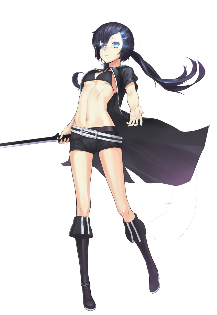 absurdres belt bikini_top black_footwear black_hair black_rock_shooter black_rock_shooter_(character) blue_eyes boots burning_eye coat highres jinyuan712 knee_boots long_hair looking_at_viewer midriff navel outstretched_arm shorts solo sword twintails weapon