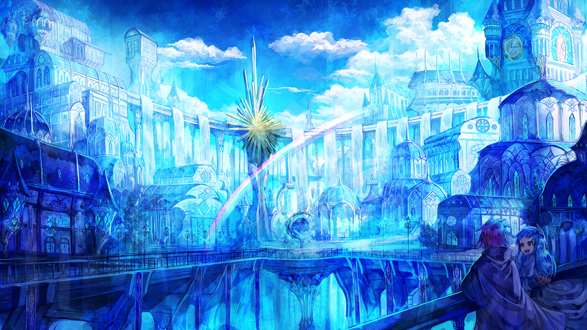 1girl architecture banner blue blue_hair brick_wall building city cityscape clock clock_tower cloud highres lamppost long_hair looking_at_another mura_karuki open_mouth original outdoors railing rainbow red_hair robe scenery sky smile tower window