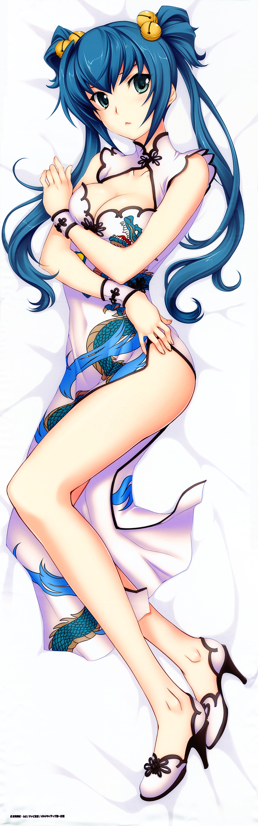 :&lt; absurdres bell breast_hold breasts china_dress chinese_clothes cleavage cleavage_cutout covered_navel cui_yifei dakimakura dress full_body green_eyes green_hair hair_bell hair_ornament high_heels highres huge_filesize long_hair lying medium_breasts muvluv muvluv_alternative muvluv_total_eclipse side_slit solo twintails two_side_up wrist_cuffs