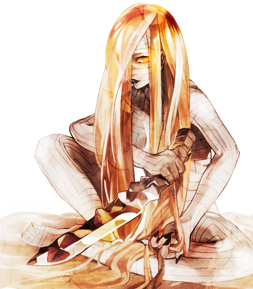 asherah black_lipstick black_nails blonde_hair fingernails hair_over_one_eye highres knife lipstick long_hair makeup nail_polish nude sharp_fingernails sharp_toenails shin_megami_tensei shin_megami_tensei:_strange_journey solo striped toenails very_long_hair xero yellow_eyes