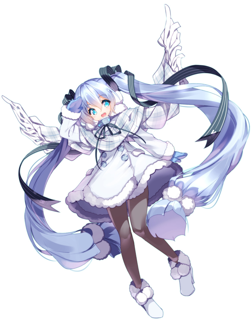 absurdly_long_hair ankle_boots black_legwear blue_eyes blue_hair blush boots coat fujishima-sei_ichi-gou full_body fur_boots hair_ribbon hatsune_miku highres long_hair looking_at_viewer mittens open_mouth pantyhose ribbon scarf simple_background smile solo twintails very_long_hair vocaloid white_background