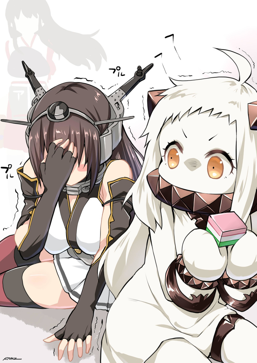 absurdres ahoge akagi_(kantai_collection) black_hair breasts covering_face dress elbow_gloves fingerless_gloves gloves headgear highres hishimochi horns kantai_collection large_breasts long_hair miniskirt mittens multiple_girls muneate nagato_(kantai_collection) northern_ocean_hime orange_eyes ryuki_(ryukisukune) shinkaisei-kan skirt thighhighs white_dress white_hair zettai_ryouiki