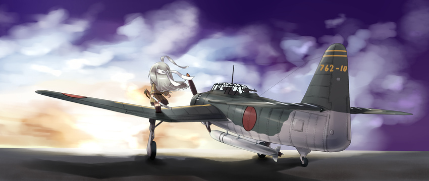 aircraft airplane b7a_ryuusei cloud fairy_(kantai_collection) headband highres kantai_collection katana long_hair nunnu_(bieeneco) ryuusei_(kantai_collection) school_uniform solo sword torpedo weapon