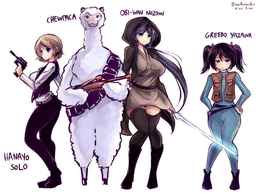 alpaca black_hair breasts brown_hair chewbacca cloak completion_time cosplay energy_sword flat_chest greedo greedo_(cosplay) gun han_solo han_solo_(cosplay) handgun hands_on_hips hood jedi koizumi_hanayo large_breasts lightsaber long_hair love_live! love_live!_school_idol_project low_twintails maullarmaullar multiple_girls obi-wan_kenobi obi-wan_kenobi_(cosplay) pistol pun purple_eyes purple_hair red_eyes rifle short_hair short_twintails star_wars sword thighhighs toujou_nozomi twintails weapon wide_hips yazawa_nico