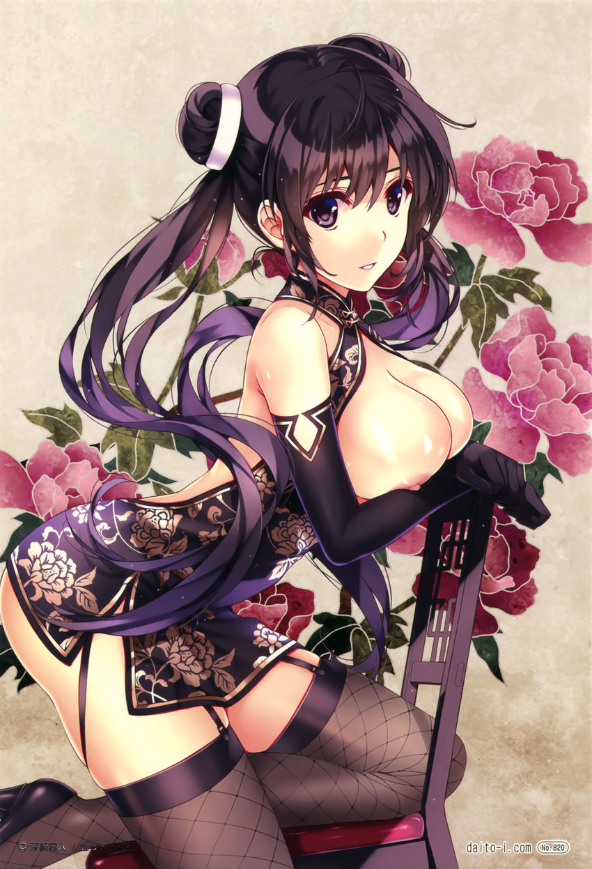 absurdres arched_back bare_shoulders black_dress black_gloves black_hair breasts chair china_dress chinese_clothes cleavage_cutout double_bun dress elbow_gloves fishnet_legwear fishnets garter_straps gloves high_heels highres large_breasts leaning_forward leg_up long_hair looking_at_viewer misaki_kurehito nipples original pumps purple_eyes scan short_dress smile solo thighhighs tougetsu_matsuri twintails