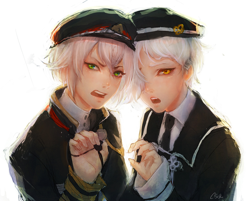 artist_name bad_id bad_pixiv_id claw_pose gokotai green_eyes hair_flaps hair_over_one_eye hat hotarumaru looking_at_viewer male_focus military military_uniform multiple_boys necktie open_mouth specky_c._sushi touken_ranbu uniform upper_body white_background white_hair yellow_eyes