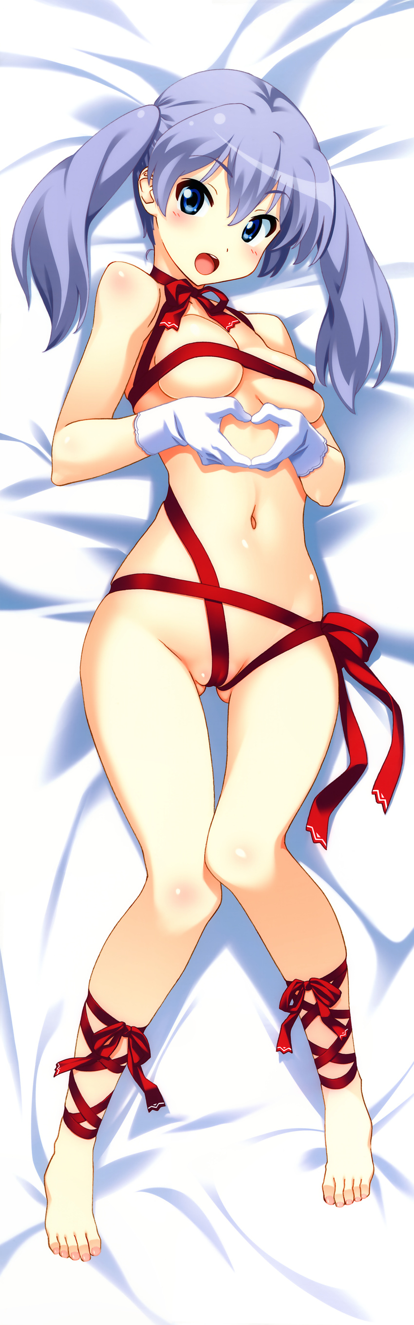 :d absurdres blue_eyes blue_hair breasts convenient_censoring dakimakura full_body gloves highres kuuchuu_yousai leg_ribbon medium_breasts naked_ribbon open_mouth ribbon smile solo twintails white_gloves
