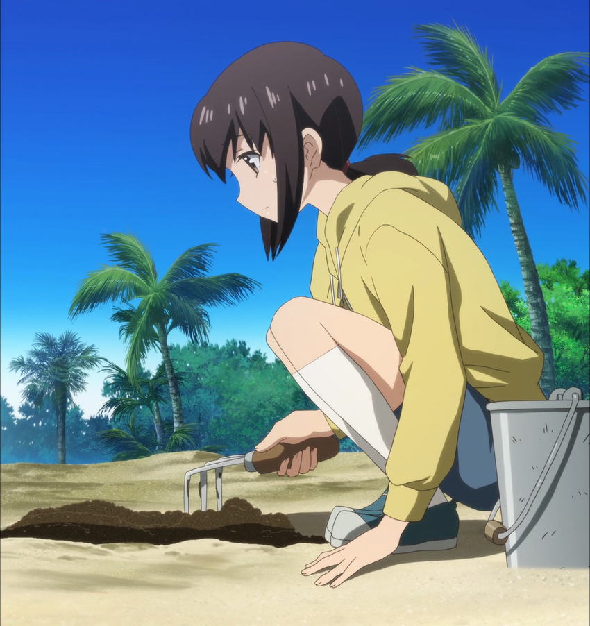 1girl beach brown_eyes brown_hair cloud coconut_tree diomed&eacute;a fubuki_(kantai_collection) kantai_collection palm_tree rake sand screencap side_view sky solo tree