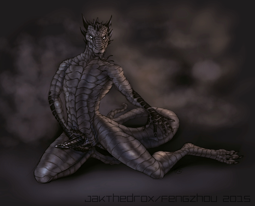 2015 animal_genitalia anthro black_penis black_scales black_tongue digitigrade dragon erection fengzhou forked_tongue front_view genital_slit grey_scales holding_penis jakthedrox kneeling looking_at_viewer male penis presenting presenting_penis scalie slit solo tongue tongue_out