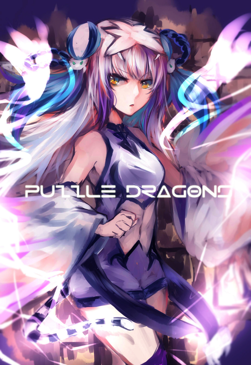 black_hair braid double_bun haku_(p&amp;d) highres long_hair mi_bait midriff multicolored_hair navel puzzle_&amp;_dragons solo white_hair yellow_eyes