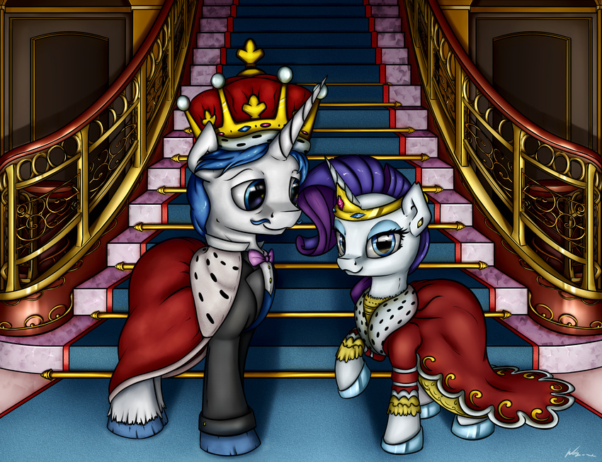 2015 blue_eyes blue_hair bow_tie clothing crown dress duo equine eyelashes eyeshadow facial_hair fancypants_(mlp) female feral friendship_is_magic fur hair horn makeup male mammal mustache my_little_pony neko-me purple_hair raised_hoof rarity_(mlp) regal smile unicorn white_fur