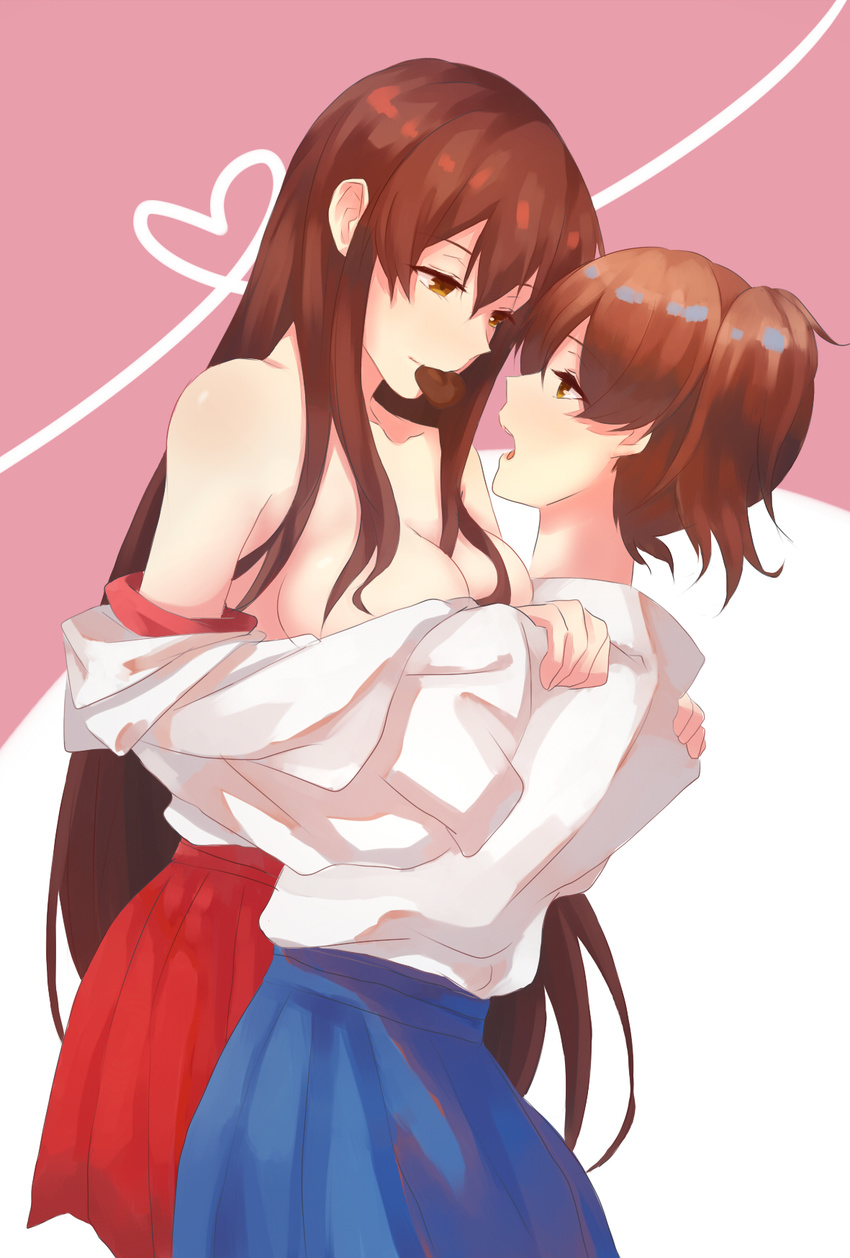 akagi_(kantai_collection) asymmetrical_hair breast_press breasts brown_eyes brown_hair chocolate chocolate_heart clothes_down hands_on_another's_shoulders heart highres kaga_(kantai_collection) kantai_collection large_breasts long_hair looking_at_another multiple_girls nyasa short_hair side_ponytail symmetrical_docking valentine yuri