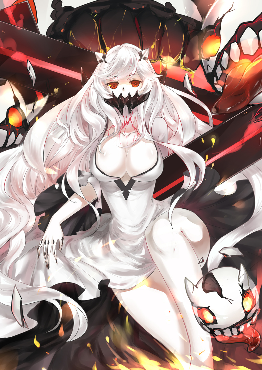 absurdres breasts cleavage covered_mouth dress escort_fortress_(kantai_collection) fm highres horns kantai_collection large_breasts long_hair midway_hime pale_skin red_eyes shinkaisei-kan silver_hair veins very_long_hair white_dress