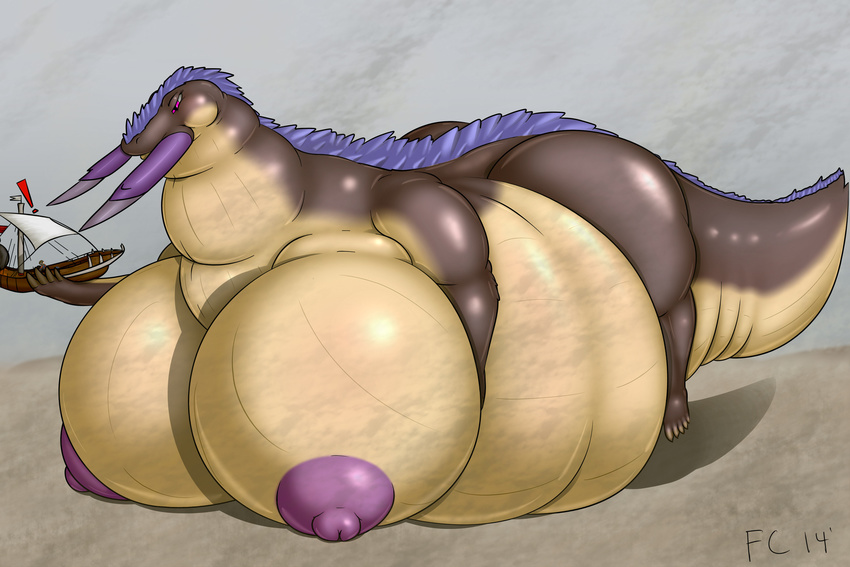 ! 2014 absurd_res alternate_color anthro belly bertha big_belly big_breasts breasts brown_scales claws desert dragon duo elder_dragon female fuzzychicken hallowed_jhen_mohran hi_res holding horn human jhen_mohran macro mammal nipples nude obese overweight pink_eyes purple_nipples purple_scales sand scalie ship size_difference sky tan_scales vehicle