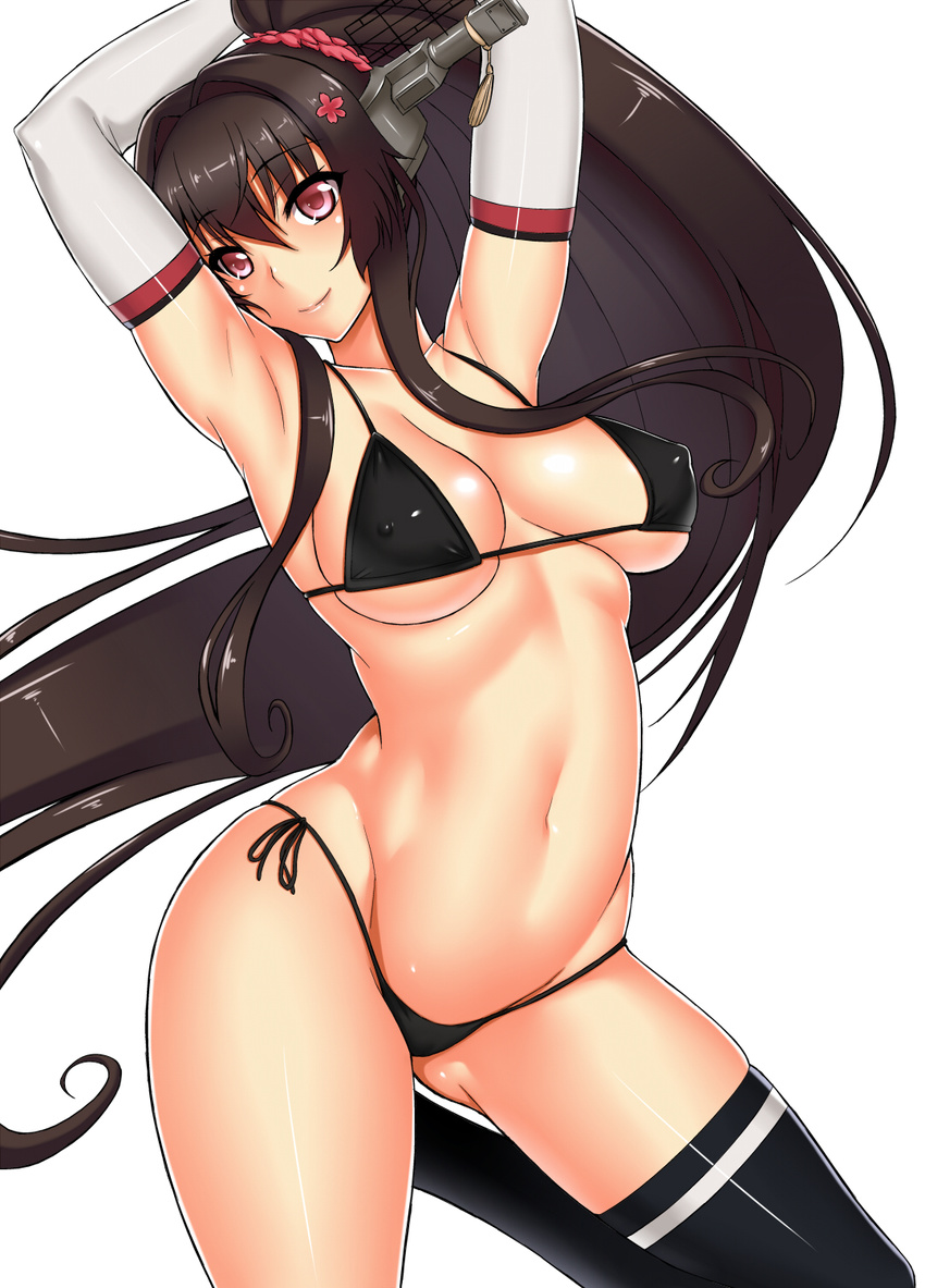 armpits arms_up bikini blush breasts brown_eyes brown_hair cherry_blossoms detached_sleeves flower hair_flower hair_ornament highres kantai_collection large_breasts long_hair looking_at_viewer mizuse_kouichi ponytail side-tie_bikini single_thighhigh smile solo swimsuit thighhighs very_long_hair yamato_(kantai_collection)