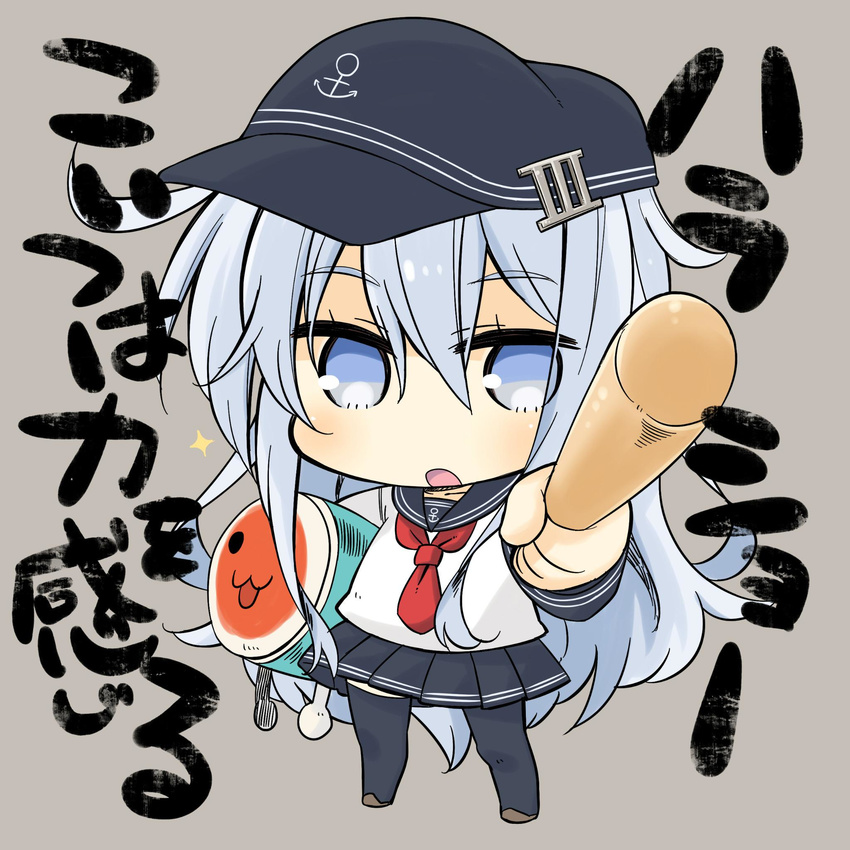 :3 black_legwear black_skirt blue_eyes blue_hair chibi commentary_request eyebrows flat_cap hat hibiki_(kantai_collection) highres kantai_collection long_hair no_shoes open_mouth pleated_skirt plover school_uniform serafuku simple_background skirt solo taiko_no_tatsujin thick_eyebrows thighhighs wada_don