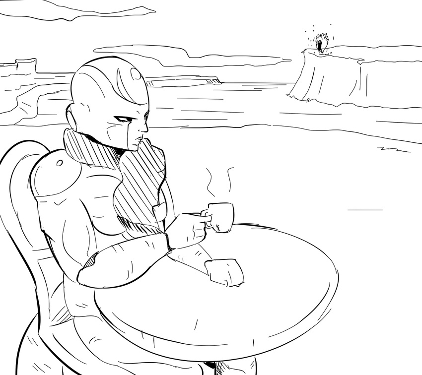 2015 alien chair charging coffee dacad dragon_ball dragon_ball_z duo energy frieza humanoid humor looking_away monochrome scarf sitting sketch solo_focus table water