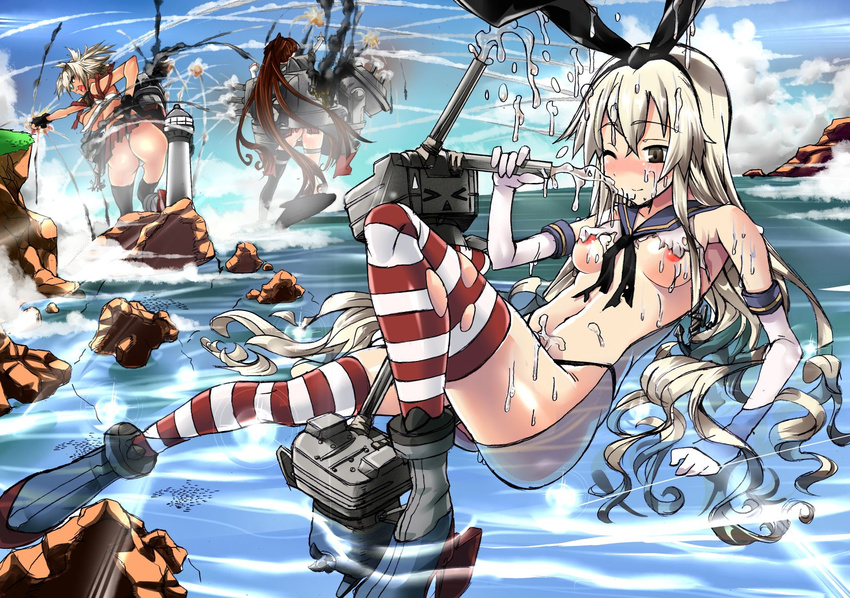 anchor black_panties blonde_hair breasts brown_hair budget_sarashi commentary_request damaged dark_skin elbow_gloves giantess glasses gloves hairband headgear highres kantai_collection large_breasts lighthouse long_hair multiple_girls musashi_(kantai_collection) nanokah2 navel panties ponytail rensouhou-chan sarashi sexually_suggestive shimakaze_(kantai_collection) short_hair smoke striped striped_legwear thighhighs torn_clothes turret two_side_up underwear very_long_hair white_gloves yamato_(kantai_collection)