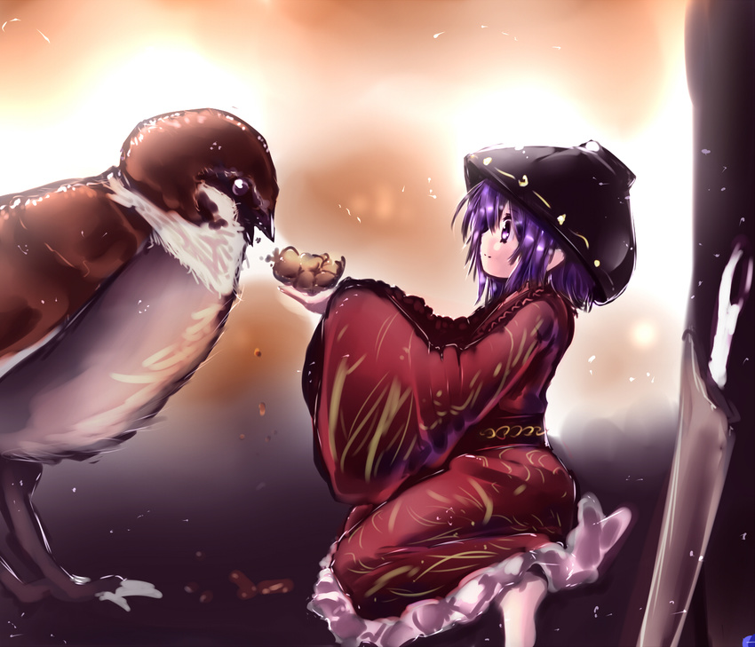 bird bowl eurasian_tree_sparrow feeding japanese_clothes kimono moura_(kenyuugetu) purple_eyes purple_hair sparrow sukuna_shinmyoumaru touhou wide_sleeves