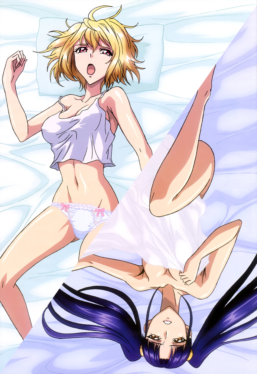 absurdres angelise_ikaruga_misurugi ass_visible_through_thighs bed_sheet blonde_hair blue_hair bow bow_panties breasts cleavage covered_nipples covering cross_ange frilled_panties frills highres legs lingerie lying medium_breasts midriff multiple_girls naked_sheet navel non-web_source nude_cover nyantype official_art on_back open_mouth panties salia_(cross_ange) strap_slip tank_top underwear white_panties white_tank_top