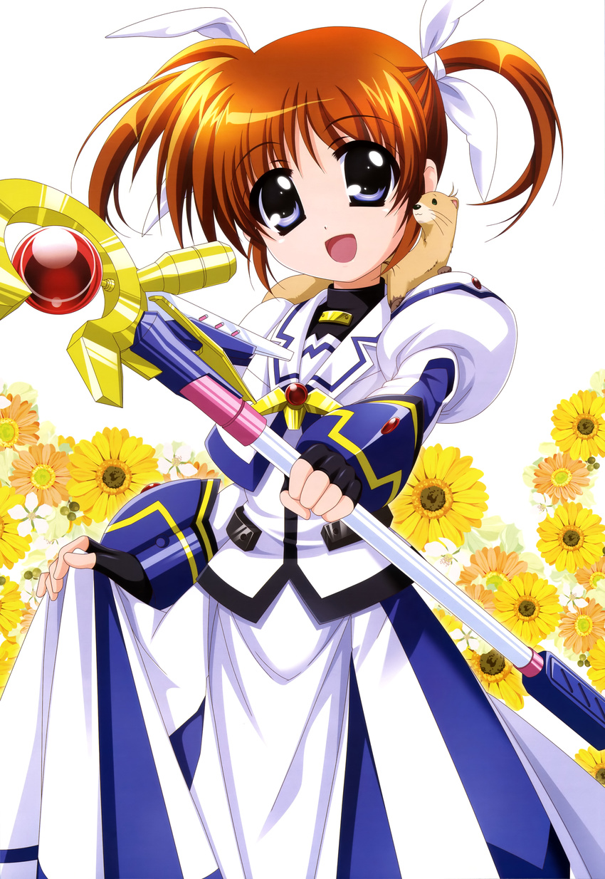 absurdres blue_eyes brown_hair ferret fingerless_gloves gloves higa_yukari highres long_skirt lyrical_nanoha magical_girl mahou_shoujo_lyrical_nanoha non-web_source nyantype official_art open_mouth raising_heart short_twintails skirt takamachi_nanoha twintails weapon yuuno_scrya