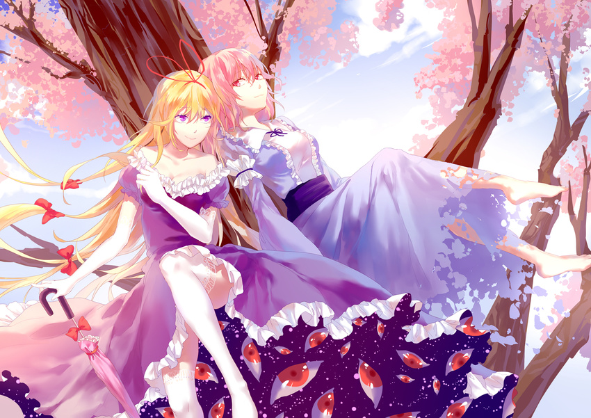 augetsix bare_shoulders barefoot blonde_hair blue_sky bow breasts cherry_blossoms cleavage closed_umbrella cloud collarbone crossed_legs day dissolving_clothes dress elbow_gloves frilled_dress frilled_kimono frills gap gloves hair_bow hair_grab hair_ribbon in_tree japanese_clothes kimono lace lace-trimmed_gloves lace-trimmed_thighhighs leg_up legs long_hair long_sleeves looking_at_another medium_breasts multiple_girls no_hat no_headwear obi perspective pink_eyes pink_hair puffy_short_sleeves puffy_sleeves purple_dress purple_eyes red_eyes ribbon saigyouji_yuyuko sash shiny shiny_hair short_hair short_sleeves sitting sitting_in_tree sky smile thighhighs thighs touhou tree umbrella very_long_hair white_gloves white_legwear wind yakumo_yukari zettai_ryouiki