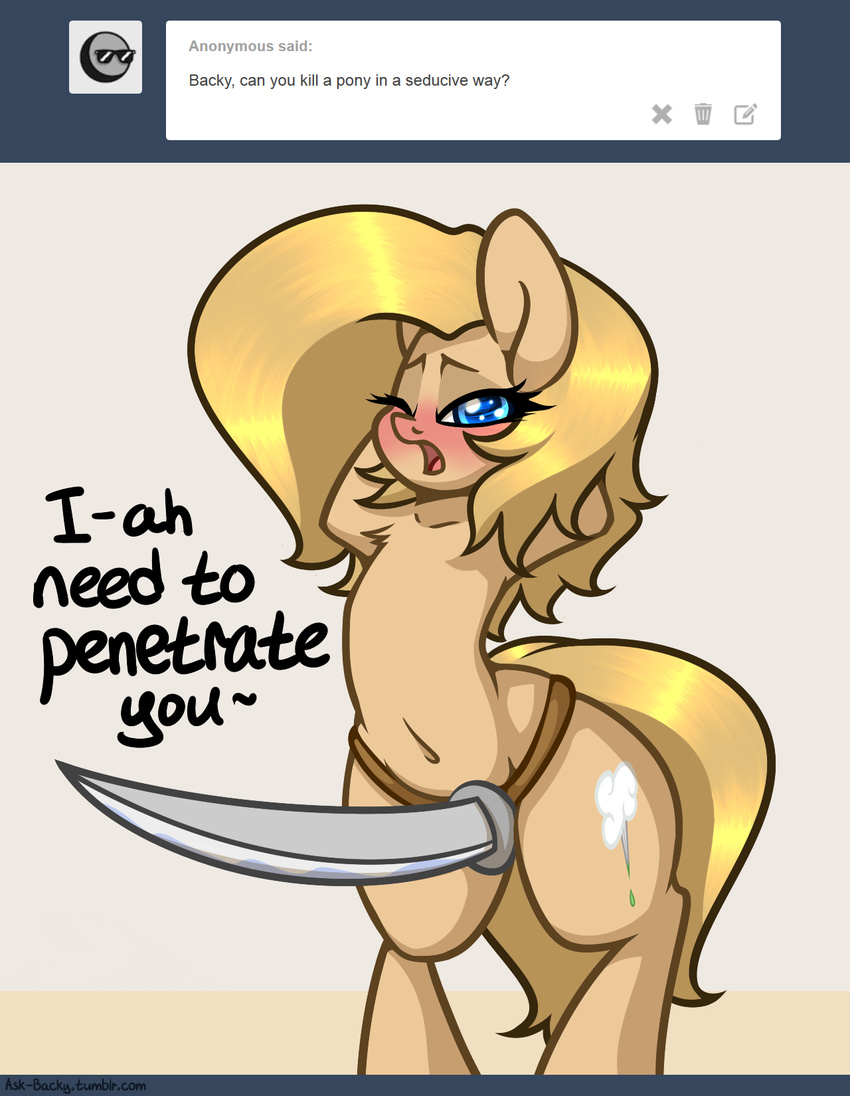 2015 backy blush cute earth_pony english_text equine fan_character female feral horse looking_at_viewer mammal my_little_pony pony slavedemorto solo sword text weapon