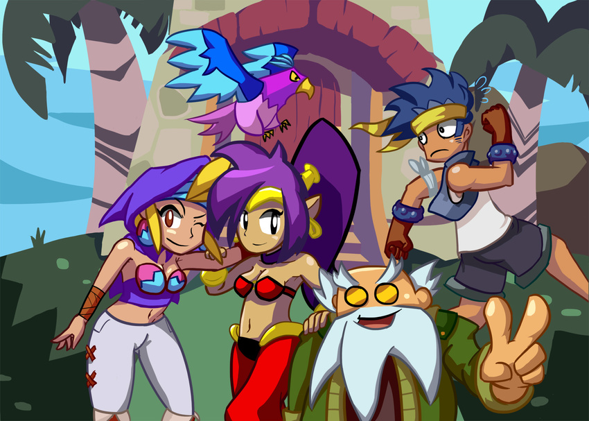 2girls bandana beard bird blonde_hair blue_hair bolo_(shantae) breasts brown_eyes cleavage earrings facial_hair genie glasses gloves highres jewelry john_kimble long_hair mimic_(shantae) multiple_boys multiple_girls navel palm_tree pointy_ears ponytail purple_hair shantae_(character) shantae_(series) sky_(shantae) smile tree v very_long_hair white_hair wrench_(shantae)