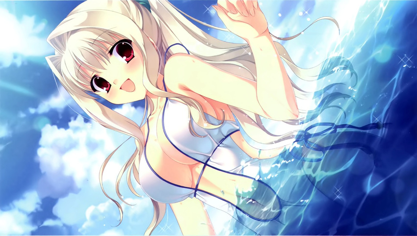 1girl blonde_hair blush breasts circus circus_(studio) cleavage da_capo da_capo_iii female large_breasts long_hair looking_at_viewer navel open_mouth ponytail red_eyes smile solo swimsuit tanihara_natsuki wet yoshino_charles