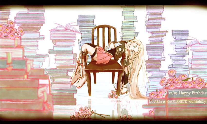 aqua_eyes asymmetrical_legwear blonde_hair book book_stack boots braid chair character_name detached_sleeves flower happy_birthday haruka_nagazumi holding holding_book ia_(vocaloid) knee_boots kneehighs letterboxed long_hair open_book pleated_skirt reclining reflective_floor single_kneehigh skirt solo thigh_strap twin_braids very_long_hair vocaloid white_footwear