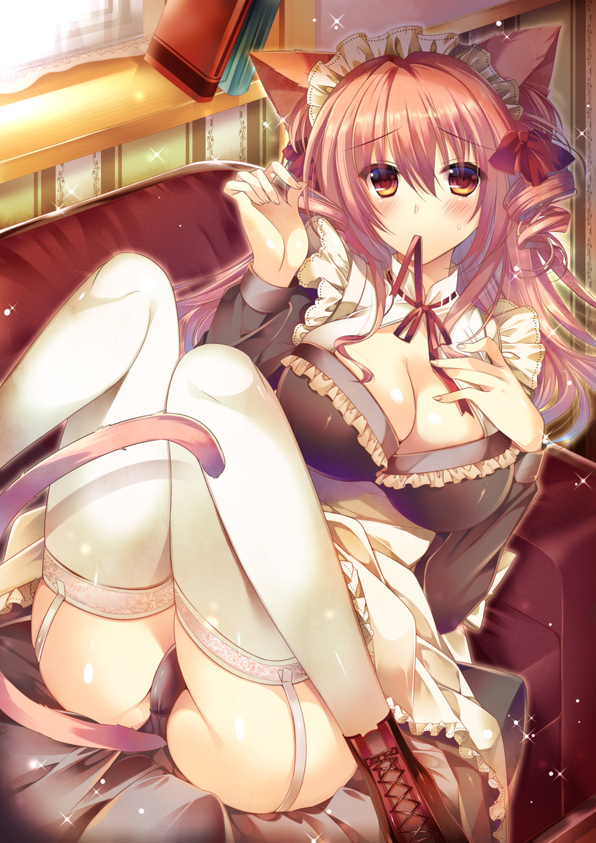 animal_ears black_panties blush breasts brown_eyes cat_ears cat_tail cleavage garter_straps groin highres hinazuka_ryou large_breasts long_hair maid maid_headdress moe2015 mouth_hold original panties red_hair ribbon solo tail thighhighs underwear