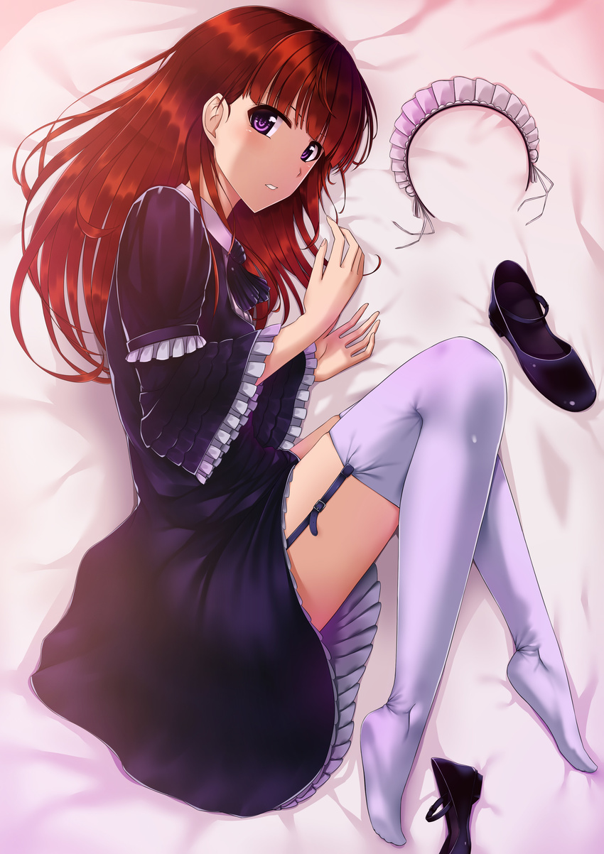 absurdres black_footwear brown_hair dress fetal_position frilled_dress frilled_sleeves frills full_body garter_straps hairband_removed highres long_hair long_sleeves looking_at_viewer lying maid maid_headdress moe2015 on_bed on_side original plantar_flexion purple_eyes shoes shoes_removed sleipnir_(3258san) solo thighhighs white_legwear zettai_ryouiki