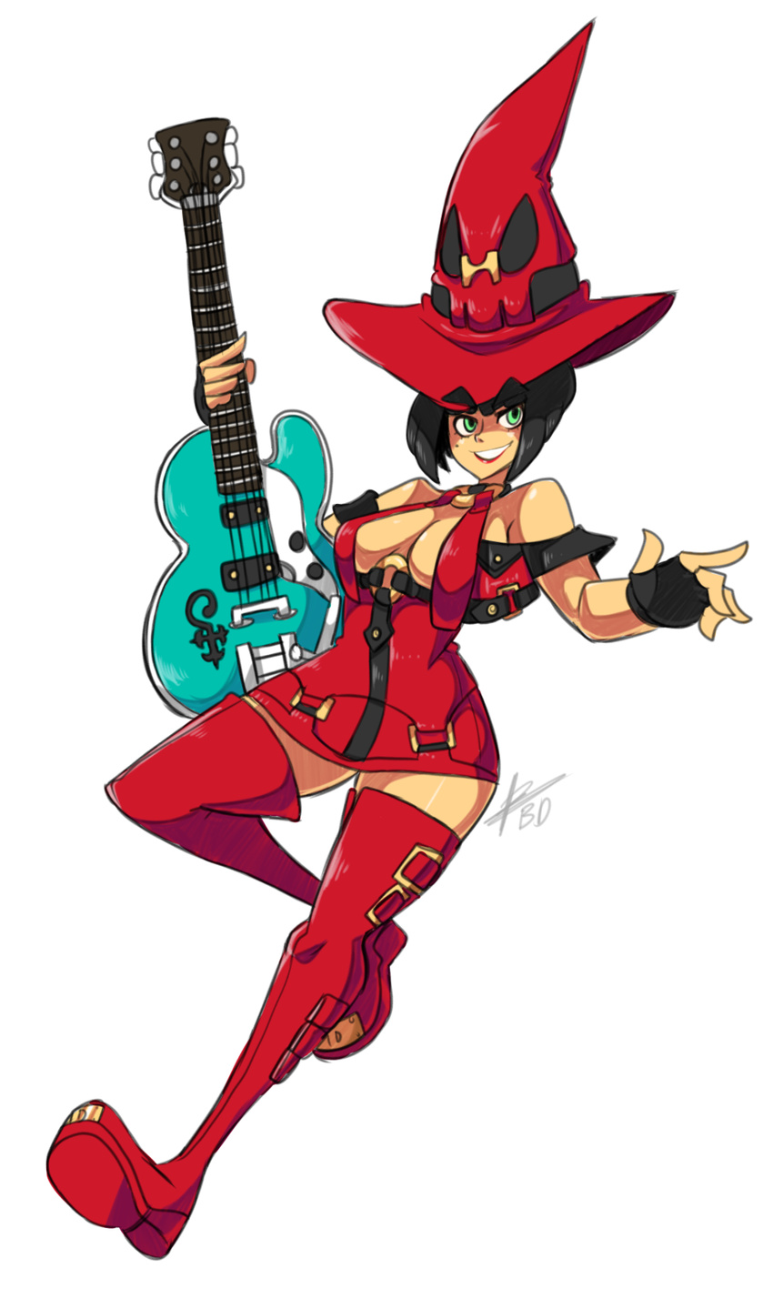 bad_id bad_tumblr_id bare_shoulders bigdead93 black_hair boots breasts cleavage dress electric_guitar fingerless_gloves full_body gloves green_eyes grin guilty_gear guitar hat highres i-no instrument large_breasts mole red_hat short_dress short_hair smile solo thigh_boots thighhighs witch_hat zettai_ryouiki