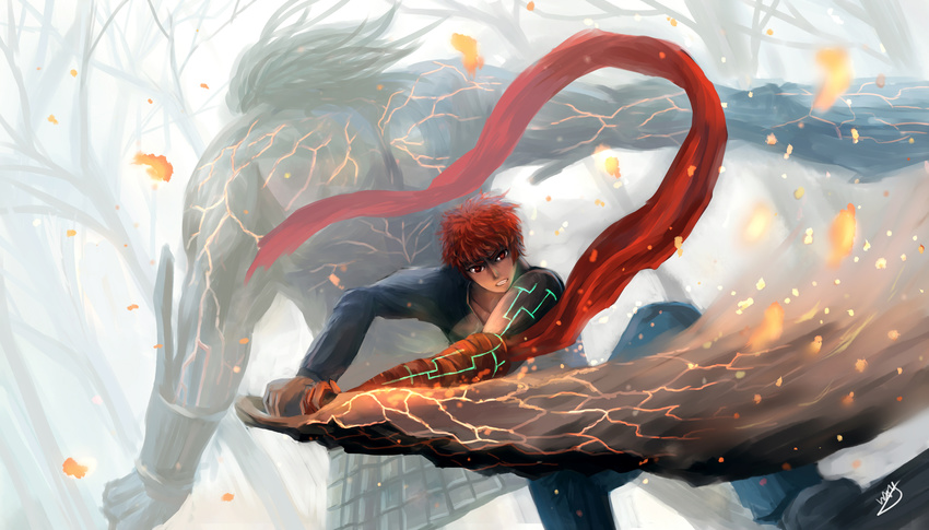 absurdres bare_tree berserker emiya_shirou fate/stay_night fate_(series) highres male_focus multiple_boys red_hair scarf shroud_of_martin sword tree weapon winter zen_(weishanzhe)