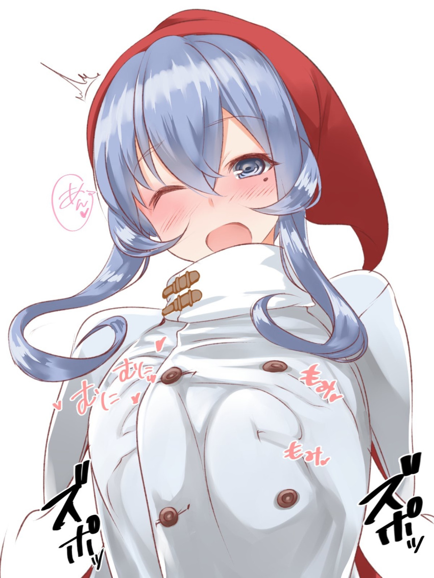 1girl alternate_costume blue_eyes blue_hair blush breast_grab breasts christmas coat eyebrows_visible_through_hair gotland_(kantai_collection) grabbing groping hair_between_eyes hair_bun hat highres kantai_collection large_breasts long_hair long_sleeves looking_at_viewer mole mole_under_eye one_eye_closed santa_hat simple_background takase_muu white_background white_coat