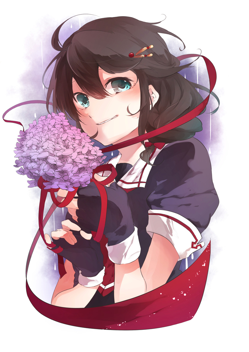 black_hair blue_eyes bouquet flower gloves hair_ornament highres kantai_collection long_hair miwano_ragu shigure_(kantai_collection) smile