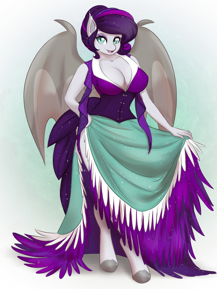 absurd_res anthro bat_pony bat_wings big_breasts breasts cat-named-fish cleavage clothed clothing dress equine fan_character female fur hair hi_res hooves long_hair looking_at_viewer mammal my_little_pony open_mouth purple_hair smile solo standing teal_eyes thestral two_tone_hair wings