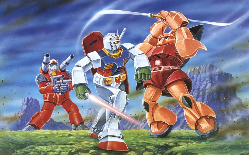 gelgoog gelgoog_s_char_custom gun guncannon gundam mecha mobile_suit_gundam official_art rx-78-2 scan weapon